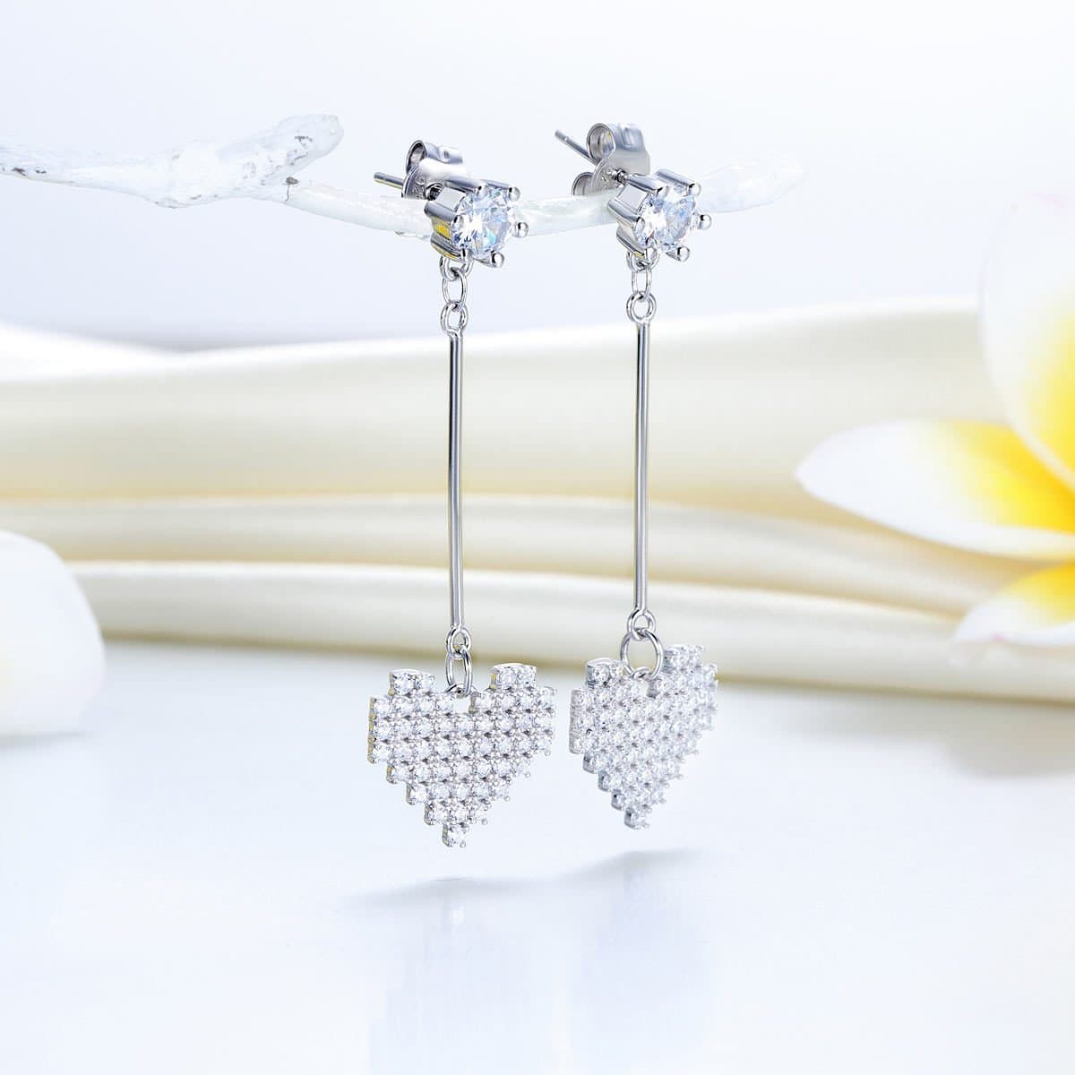 Dangle Heart Solid Sterling Silver Earrings