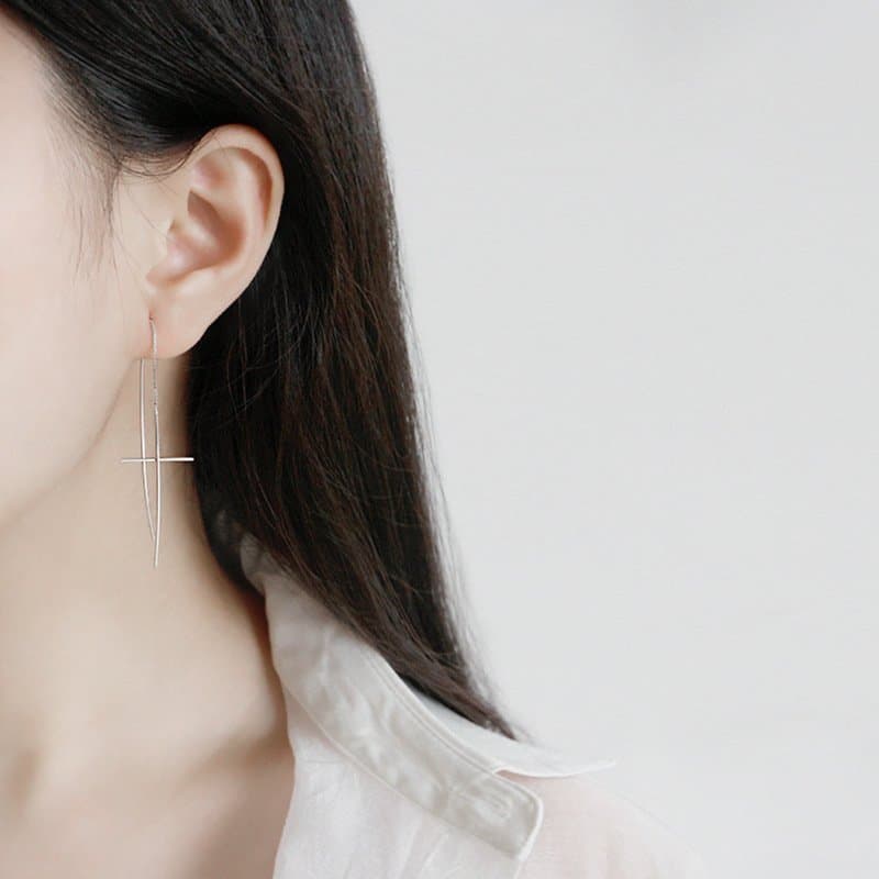 Line Cross 925 Sterling Silver Thread Dangling Earrings