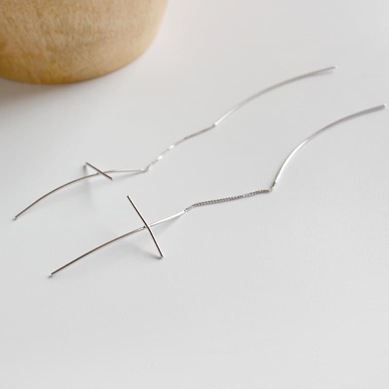 Line Cross 925 Sterling Silver Thread Dangling Earrings