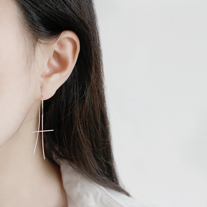 Line Cross 925 Sterling Silver Thread Dangling Earrings