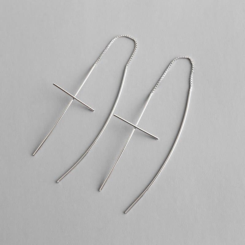 Line Cross 925 Sterling Silver Thread Dangling Earrings