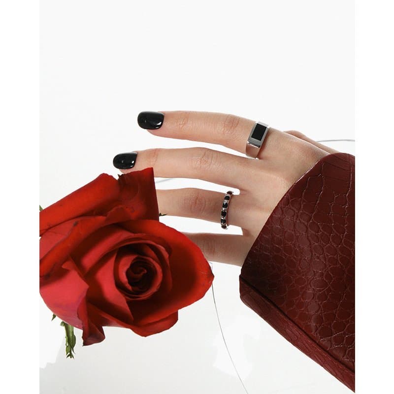 Geometric Black Epoxy Spots 925 Sterling Silver Adjustable Ring