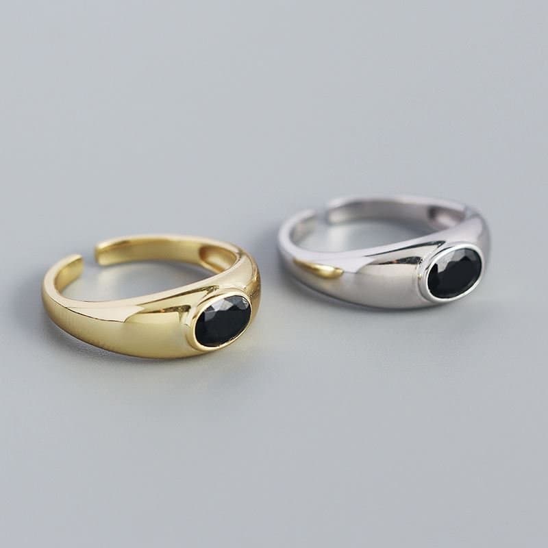 Geometric Black Oval Agate 925 Sterling Silver Adjustable Ring