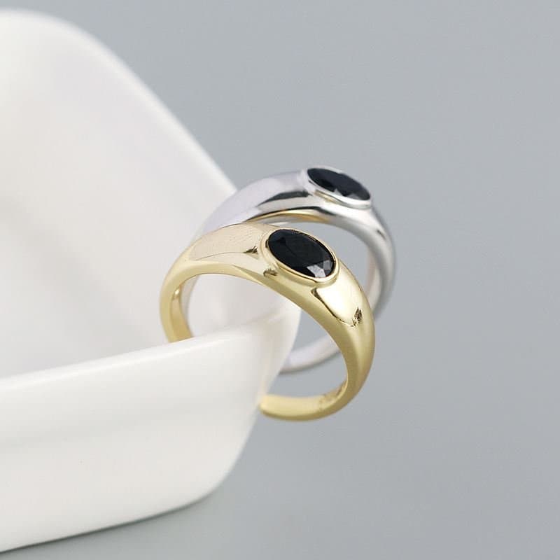 Geometric Black Oval Agate 925 Sterling Silver Adjustable Ring