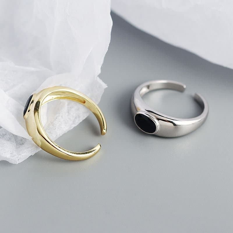 Geometric Black Oval Agate 925 Sterling Silver Adjustable Ring
