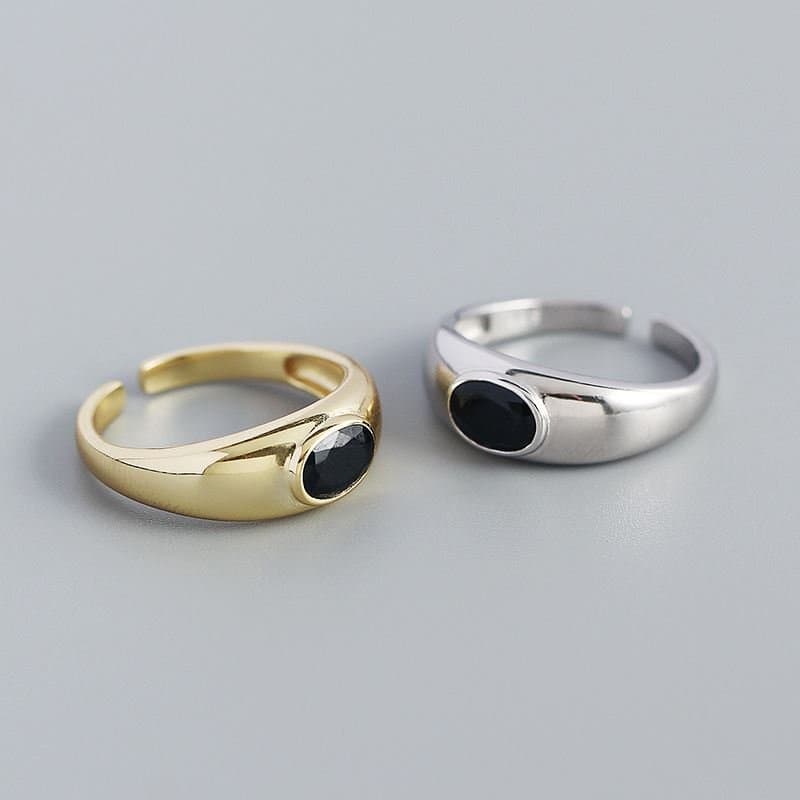Geometric Black Oval Agate 925 Sterling Silver Adjustable Ring