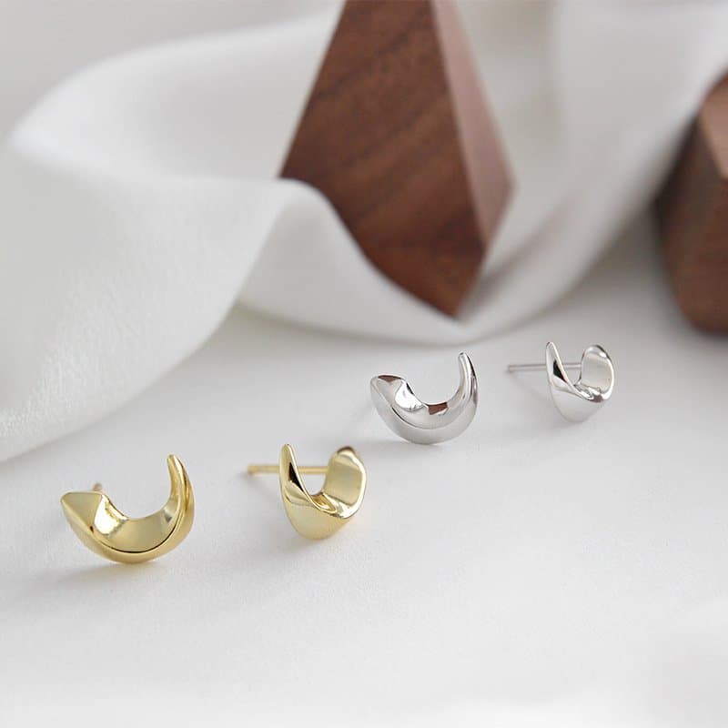 Geometric Crescent Moon 925 Sterling Silver Studs Earrings