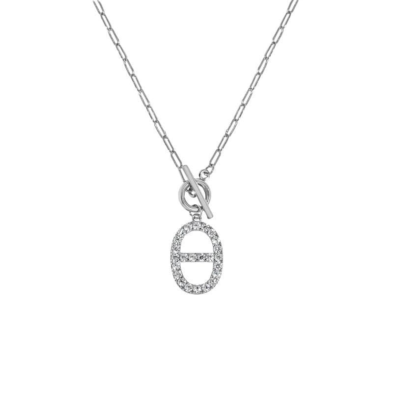Geometric CZ Hollow Oval Pig Nose OT 925 Sterling Silver Necklace