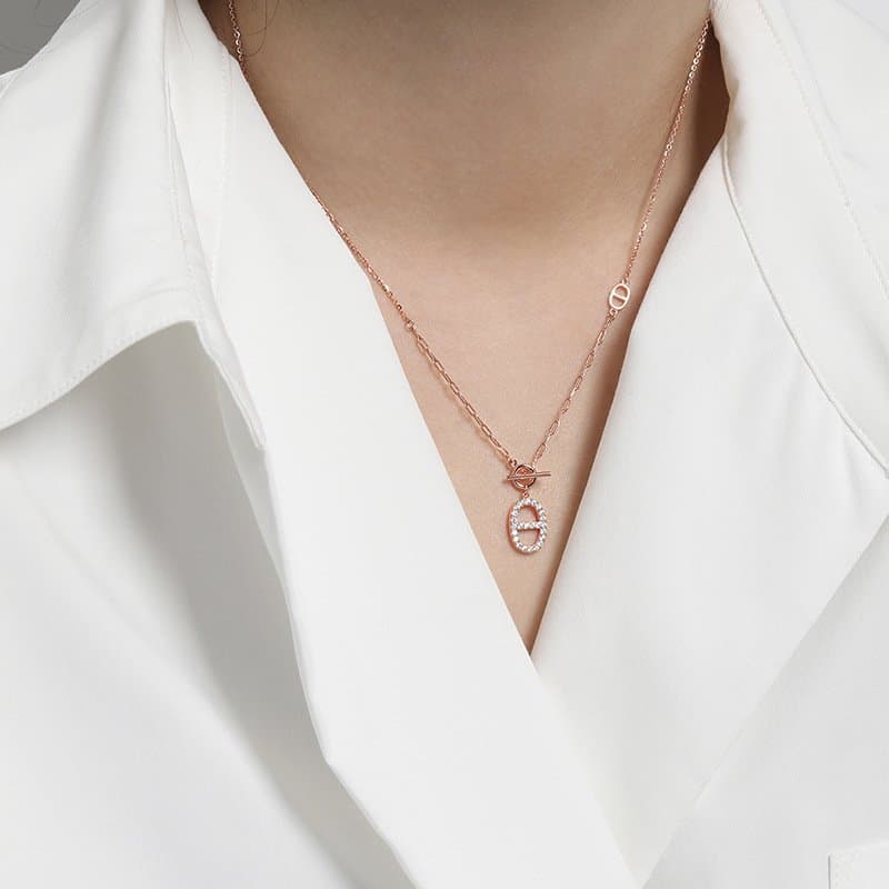 Geometric CZ Hollow Oval Pig Nose OT 925 Sterling Silver Necklace