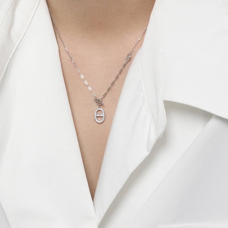 Geometric CZ Hollow Oval Pig Nose OT 925 Sterling Silver Necklace