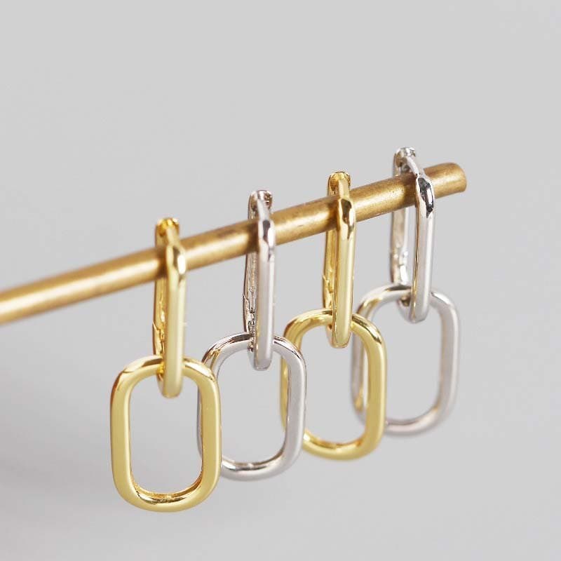 Geometric Hollow Ellipse Chain 925 Sterling Silver Hoop Earrings