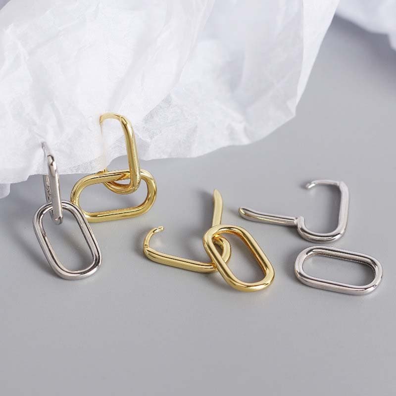 Geometric Hollow Ellipse Chain 925 Sterling Silver Hoop Earrings