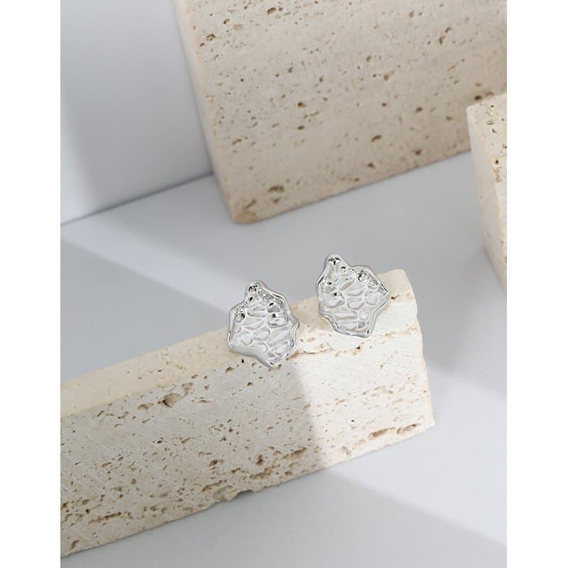 Geometric Irregular Beaten Stone 925 Sterling Silver Stud Earrings