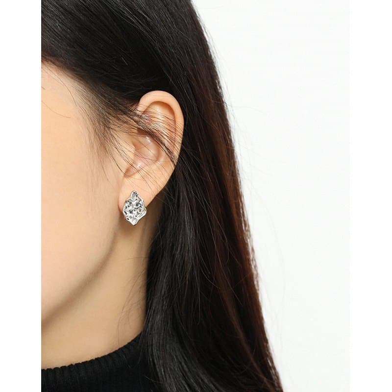 Geometric Irregular Beaten Stone 925 Sterling Silver Stud Earrings