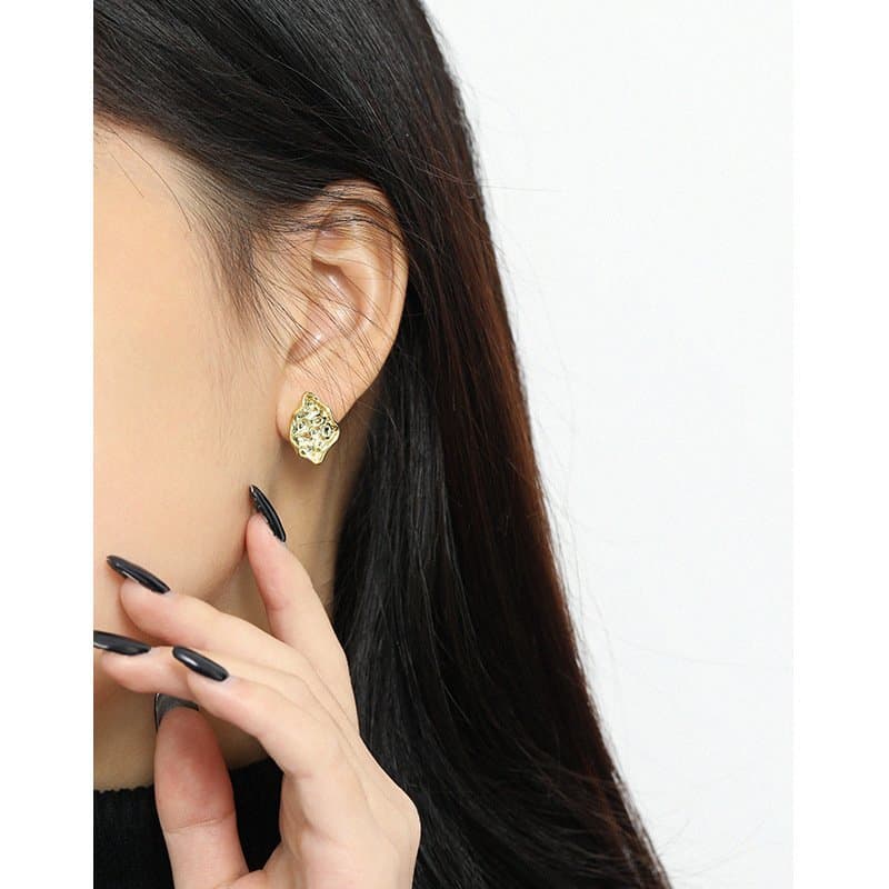 Geometric Irregular Beaten Stone 925 Sterling Silver Stud Earrings