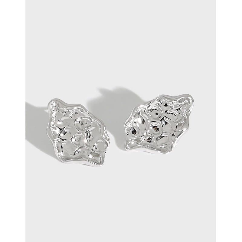 Geometric Irregular Beaten Stone 925 Sterling Silver Stud Earrings