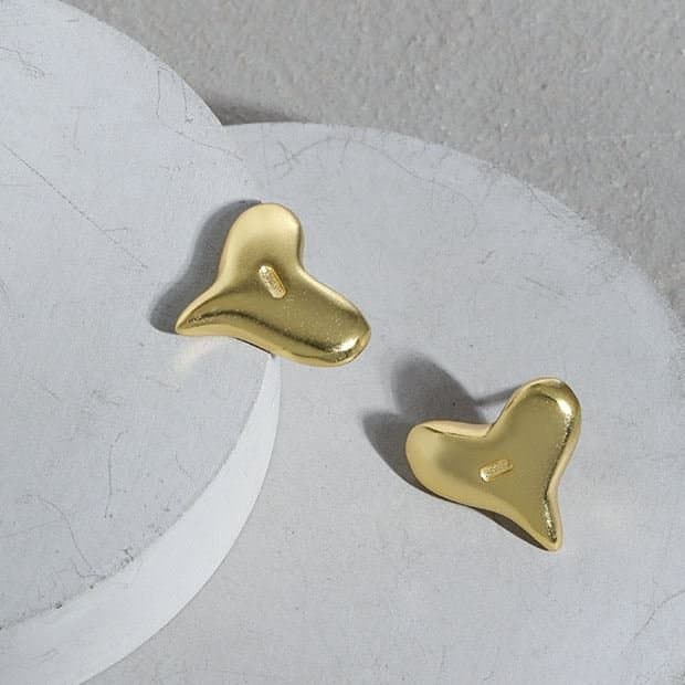 Geometric Irregular Big Heart 925 Sterling Silver Stud Earrings