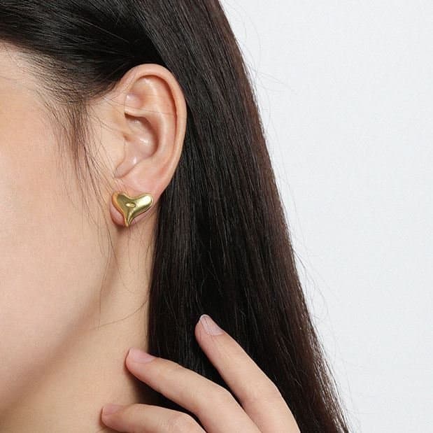 Geometric Irregular Big Heart 925 Sterling Silver Stud Earrings