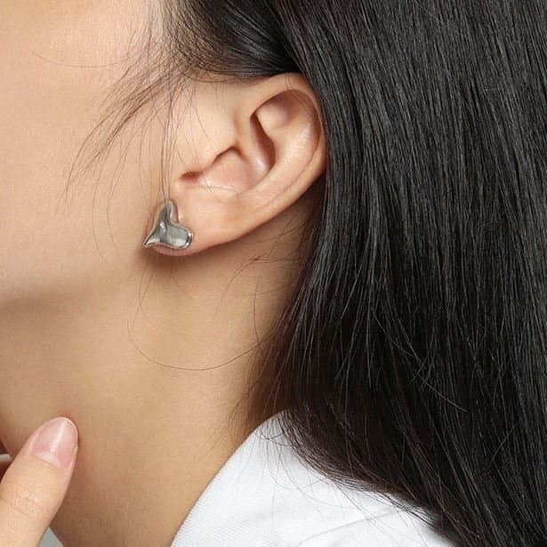 Geometric Irregular Big Heart 925 Sterling Silver Stud Earrings