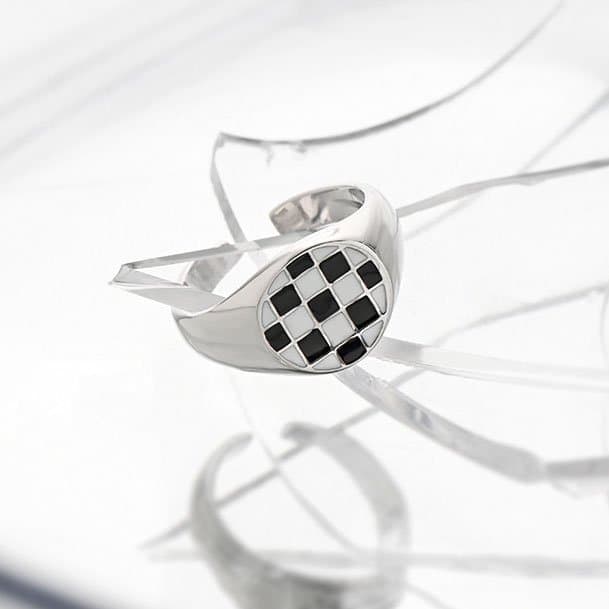 Geometric Round White Black Chessboard 925 Sterling Silver Adjustable Ring