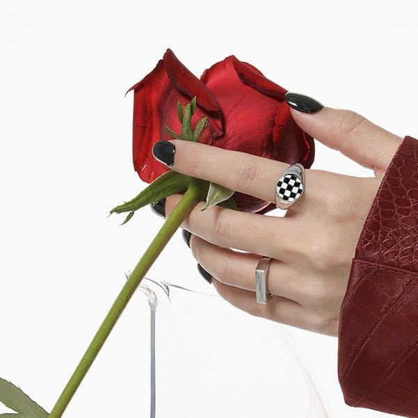 Geometric Round White Black Chessboard 925 Sterling Silver Adjustable Ring