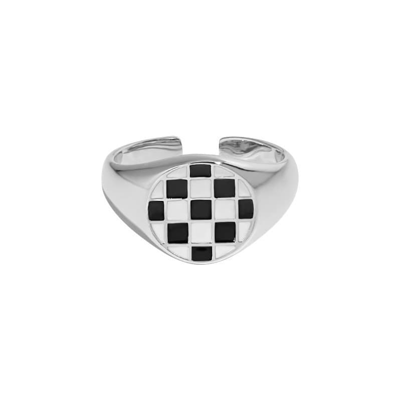 Geometric Round White Black Chessboard 925 Sterling Silver Adjustable Ring