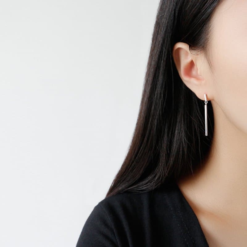 Geometric Simple Rectangle Stick 925 Sterling Silver Dangling Earrings