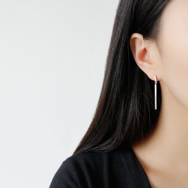 Geometric Simple Rectangle Stick 925 Sterling Silver Dangling Earrings