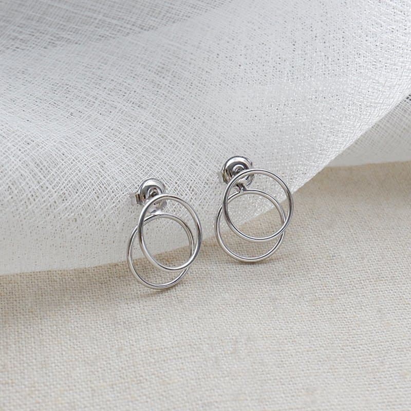 Geometric Two Circles 925 Sterling Silver Stud Earrings