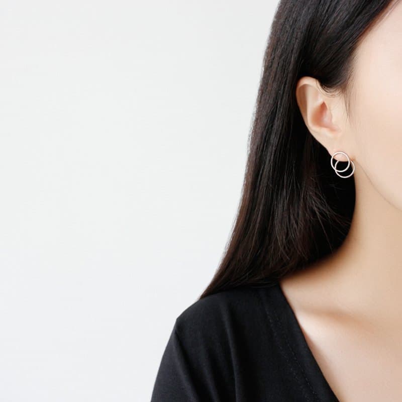 Geometric Two Circles 925 Sterling Silver Stud Earrings