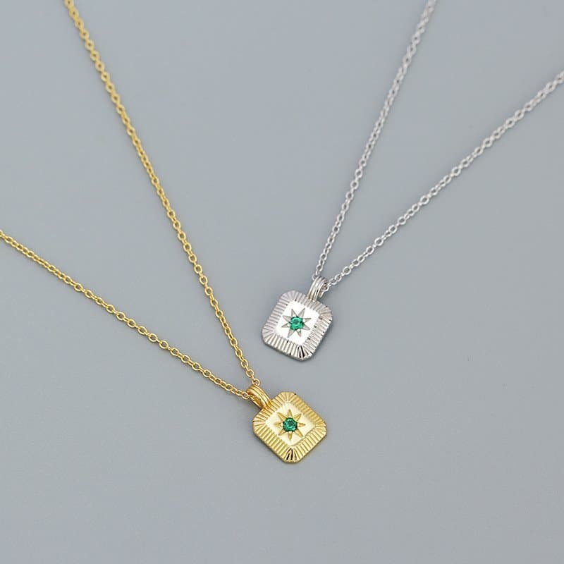 Geometric Square CZ Octagonal Star 925 Sterling Silver Necklace