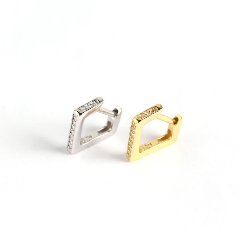 Geometric CZ Hollow Irregular Quadrilateral 925 Sterling Silver Hoop Earrings