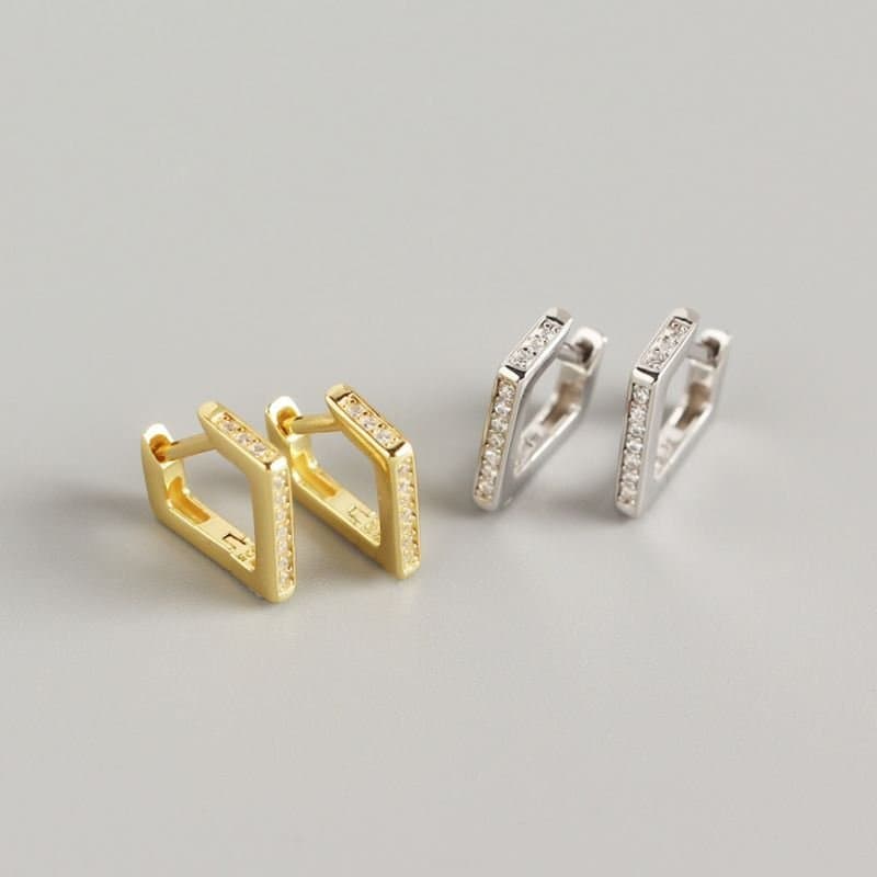 Geometric CZ Hollow Irregular Quadrilateral 925 Sterling Silver Hoop Earrings