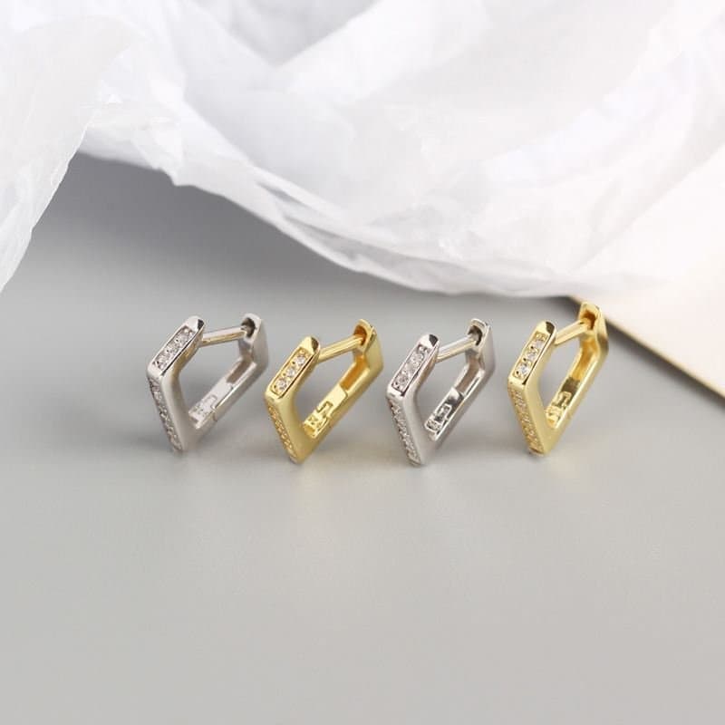 Geometric CZ Hollow Irregular Quadrilateral 925 Sterling Silver Hoop Earrings