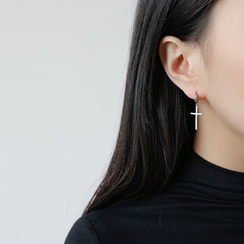 Minimalist Classic Cross 925 Sterling Silver Hoop Earrings