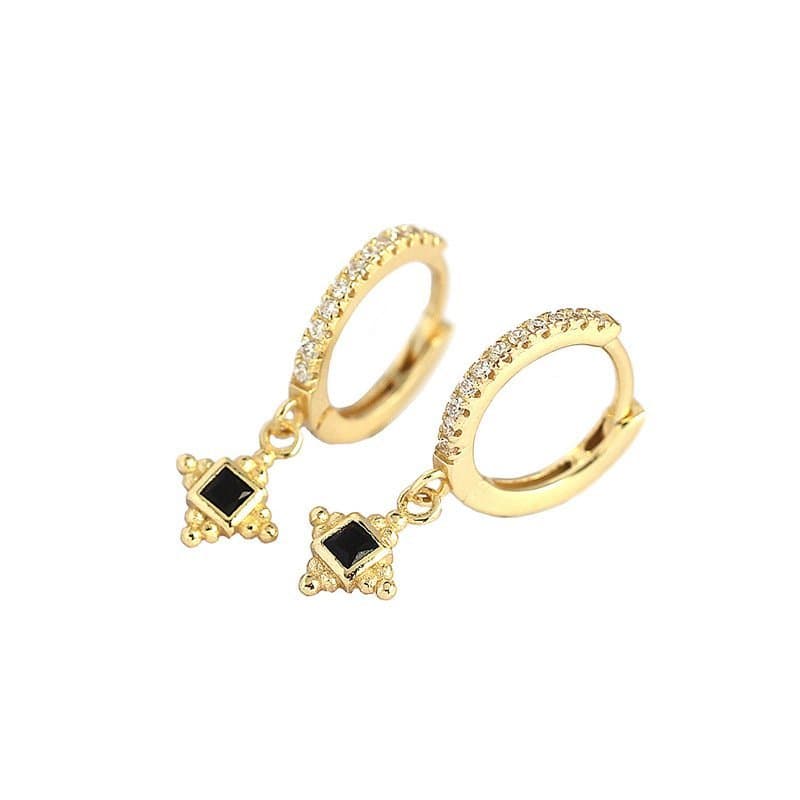 Black CZ Quadrangular Star 925 Sterling Silver Hoop Earrings