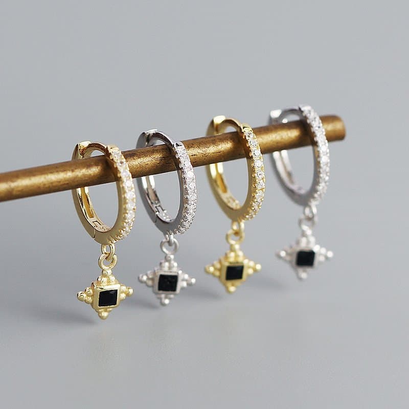 Black CZ Quadrangular Star 925 Sterling Silver Hoop Earrings
