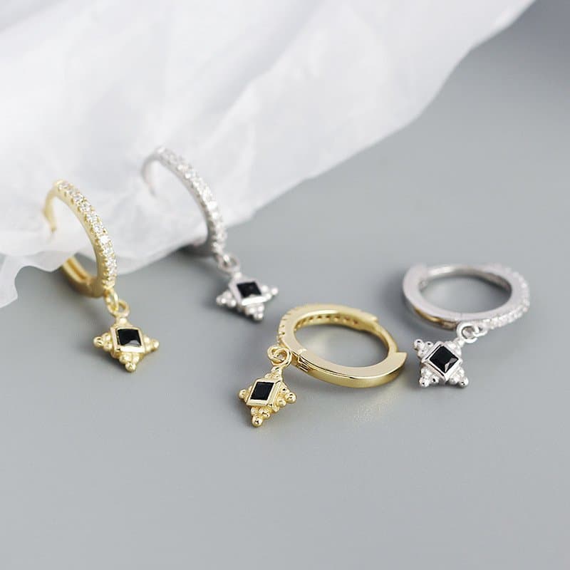 Black CZ Quadrangular Star 925 Sterling Silver Hoop Earrings