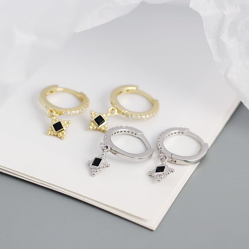 Black CZ Quadrangular Star 925 Sterling Silver Hoop Earrings