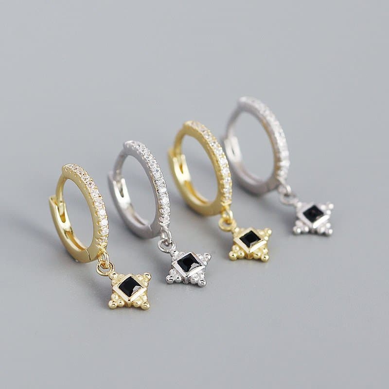 Black CZ Quadrangular Star 925 Sterling Silver Hoop Earrings