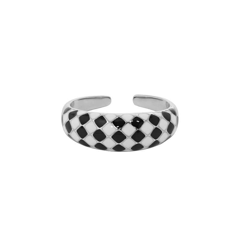 Black White Checkerboard 925 Sterling Silver Adjustable Ring