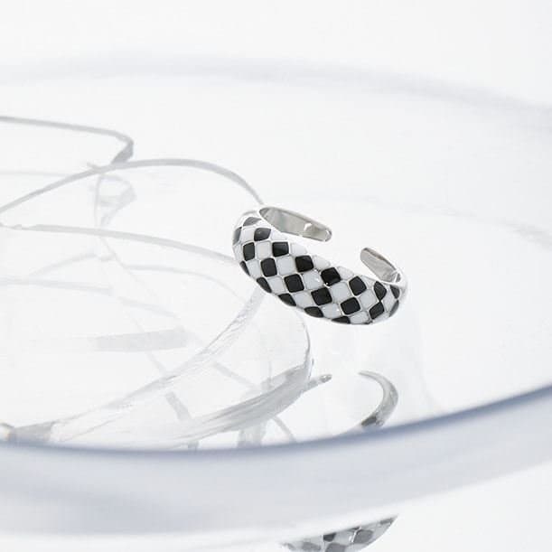 Black White Checkerboard 925 Sterling Silver Adjustable Ring