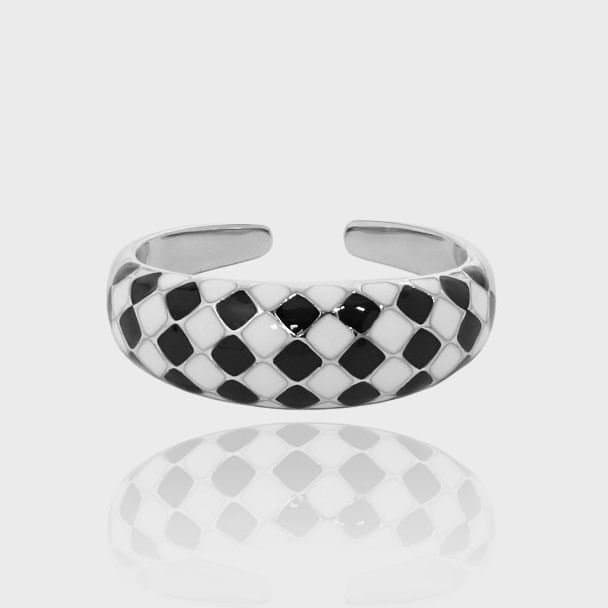 Black White Checkerboard 925 Sterling Silver Adjustable Ring