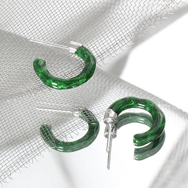 Green C Shape 925 Sterling Silver Hoop Earrings