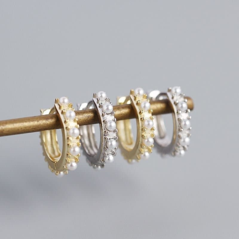Mini Shell Pearls 925 Sterling Silver Huggie Hoop Earrings