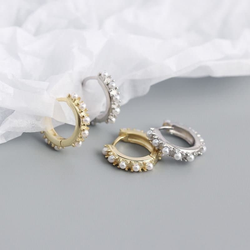 Mini Shell Pearls 925 Sterling Silver Huggie Hoop Earrings