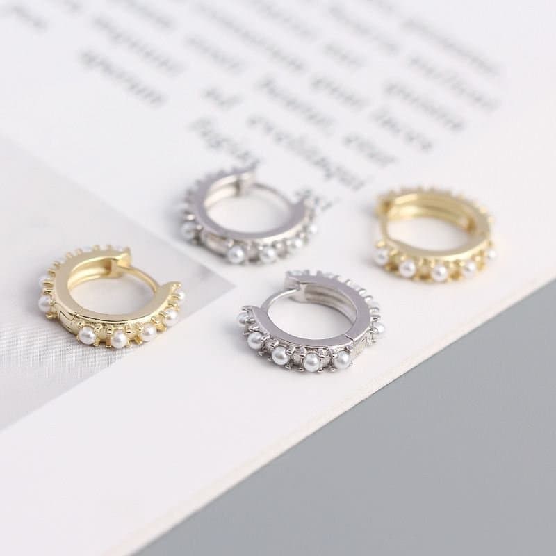 Mini Shell Pearls 925 Sterling Silver Huggie Hoop Earrings