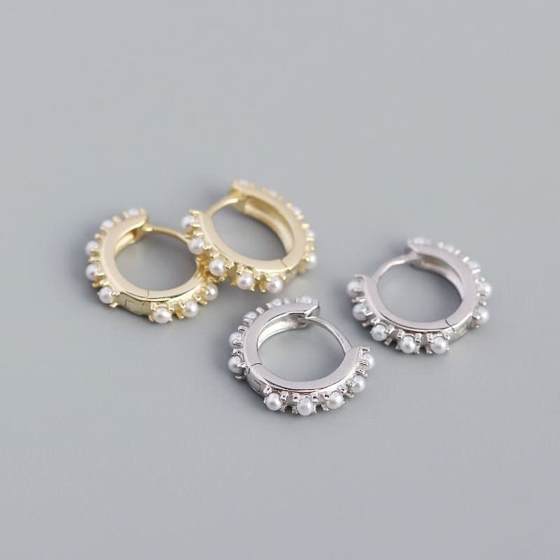 Mini Shell Pearls 925 Sterling Silver Huggie Hoop Earrings