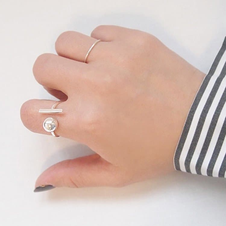 Round Ball Rectangle 925 Sterling Silver Adjustable Ring