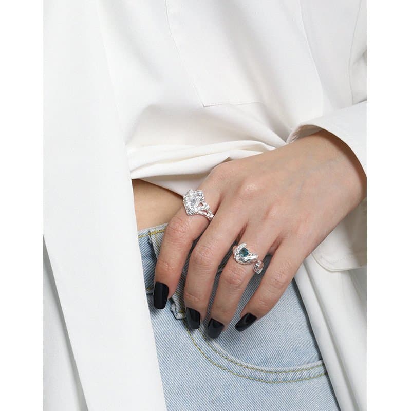 Square Green CZ Irregular 925 Sterling Silver Adjustable Ring